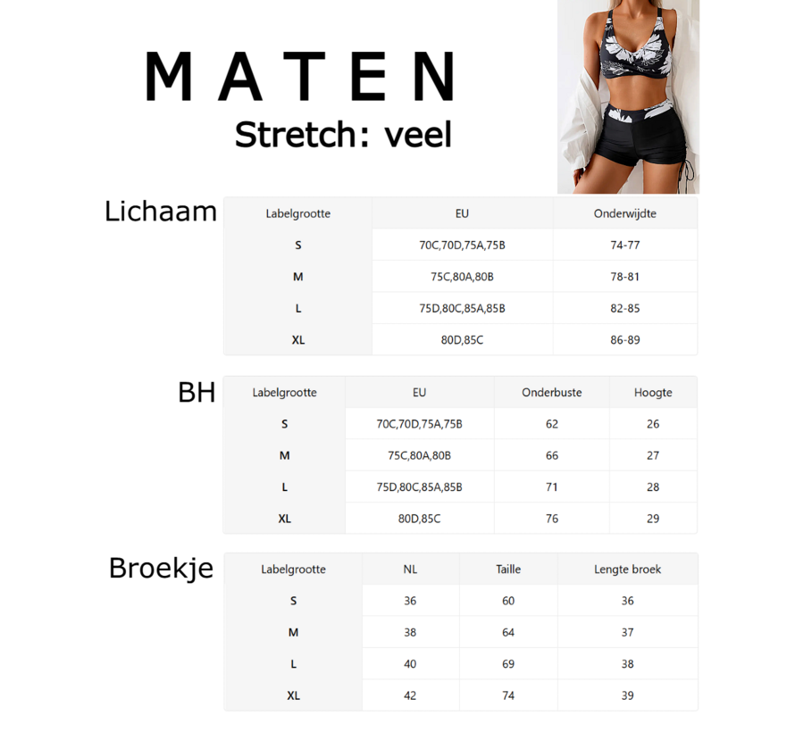 LaGloss® Sexy Dames Bikini Set met Hoge Taille – Bloemenprint, Buikcontrole & Trekkoord – 2-Delige Badkleding met Korte Pijpjes – Zwart Wit - Maat S