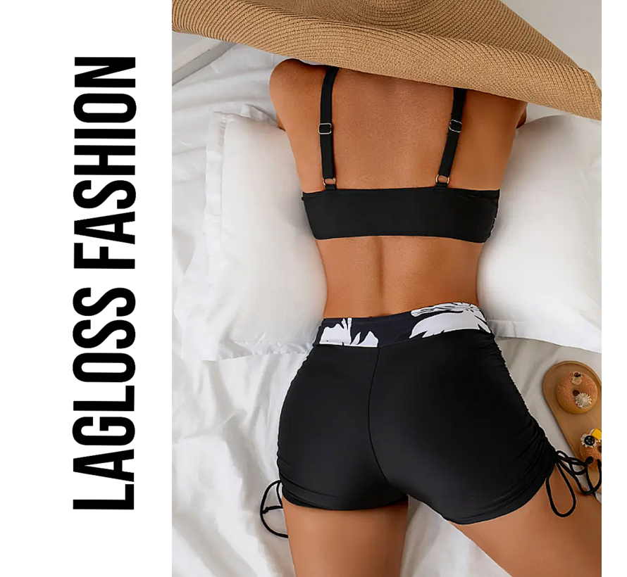 LaGloss® Sexy Dames Bikini Set met Hoge Taille – Bloemenprint, Buikcontrole & Trekkoord – 2-Delige Badkleding met Korte Pijpjes – Zwart Wit - Maat M