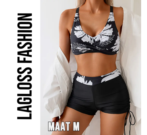 LaGloss LaGloss® Sexy Dames Bikini Set met Hoge Taille – Bloemenprint, Buikcontrole & Trekkoord – 2-Delige Badkleding met Korte Pijpjes – Zwart Wit - Maat M