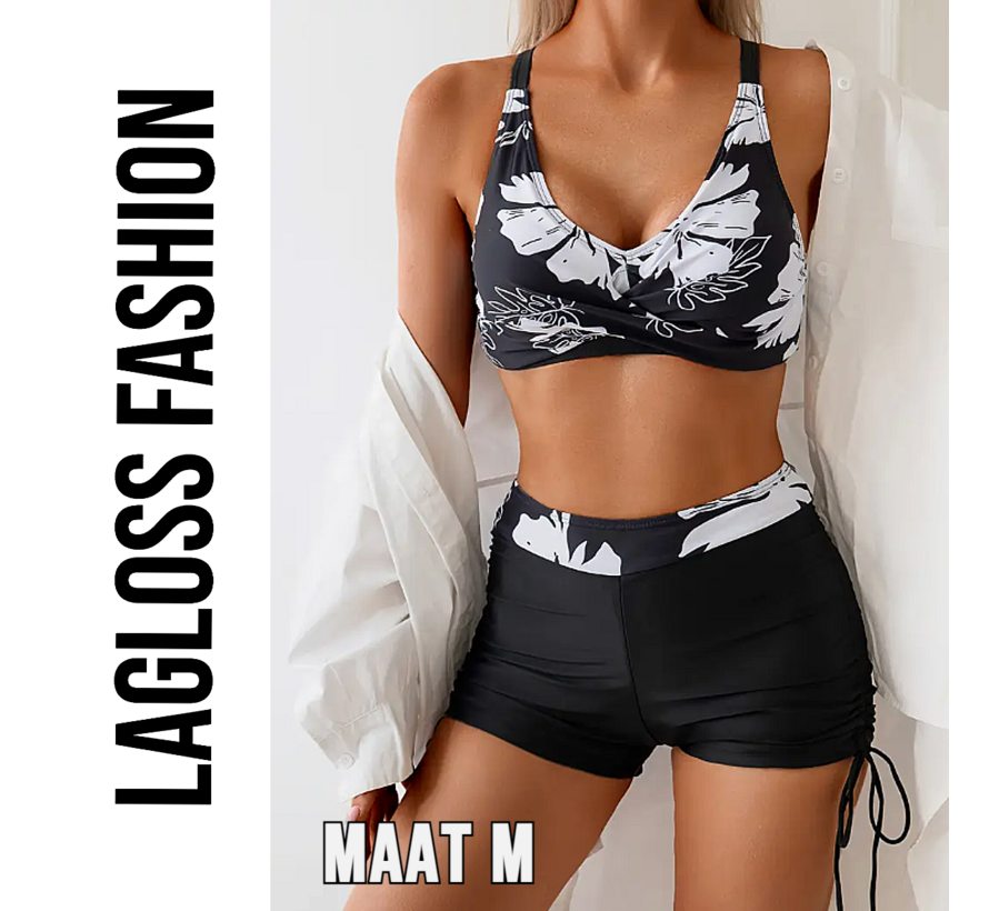 LaGloss® Sexy Dames Bikini Set met Hoge Taille – Bloemenprint, Buikcontrole & Trekkoord – 2-Delige Badkleding met Korte Pijpjes – Zwart Wit - Maat M