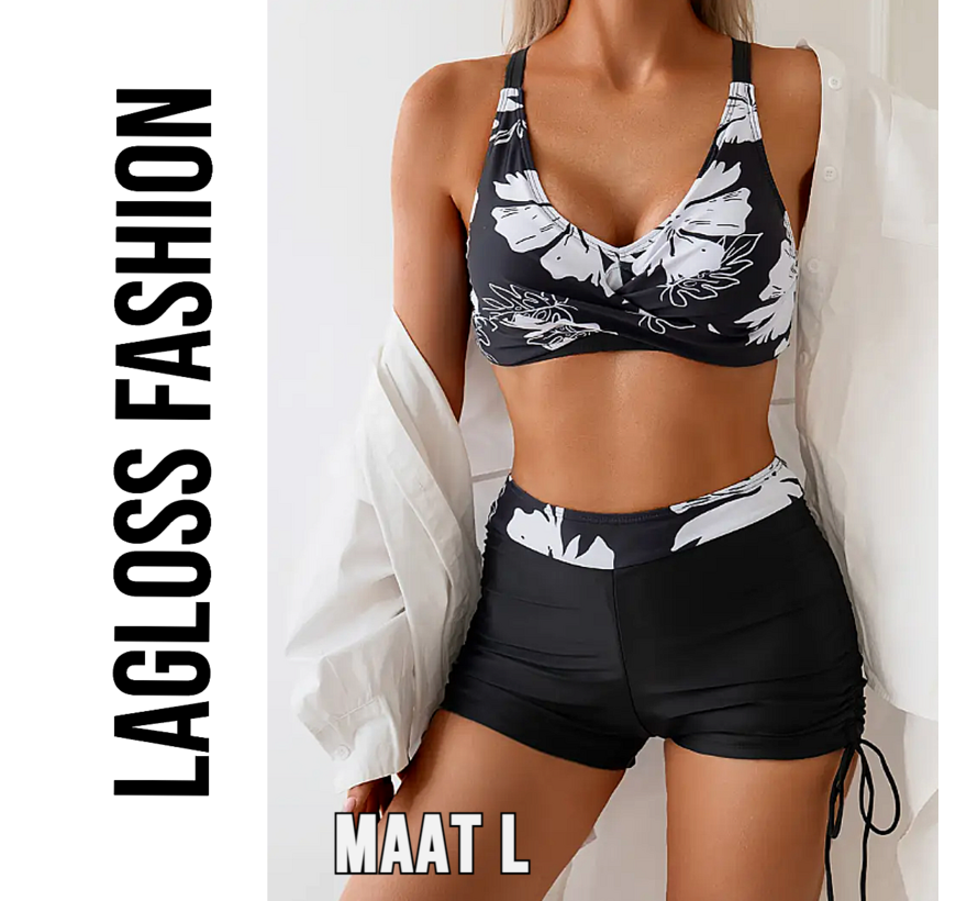 LaGloss® Sexy Dames Bikini Set met Hoge Taille – Bloemenprint, Buikcontrole & Trekkoord – 2-Delige Badkleding met Korte Pijpjes – Zwart Wit - Maat L