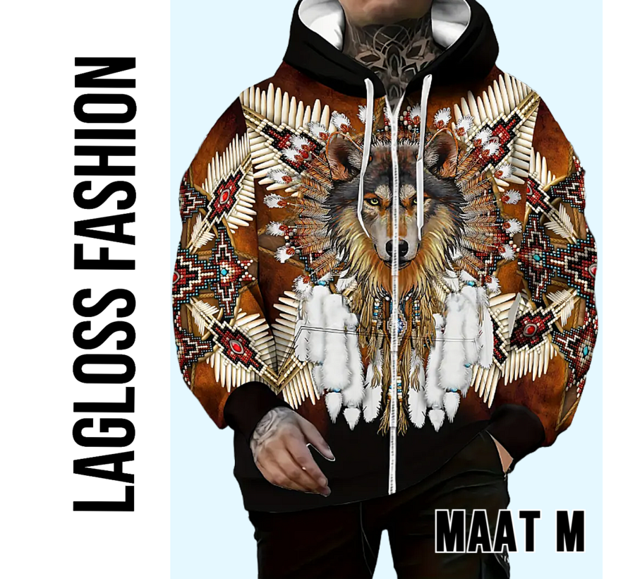 LaGloss® Heren Wolf Print Hoodie Vest– Fleece Gevoerd Zip-Up Jack met Capuchon, Tribale Wolfpatronen, Zakken & Trekkoord – Warme Wintervest voor Herfst/Winter – Maat M