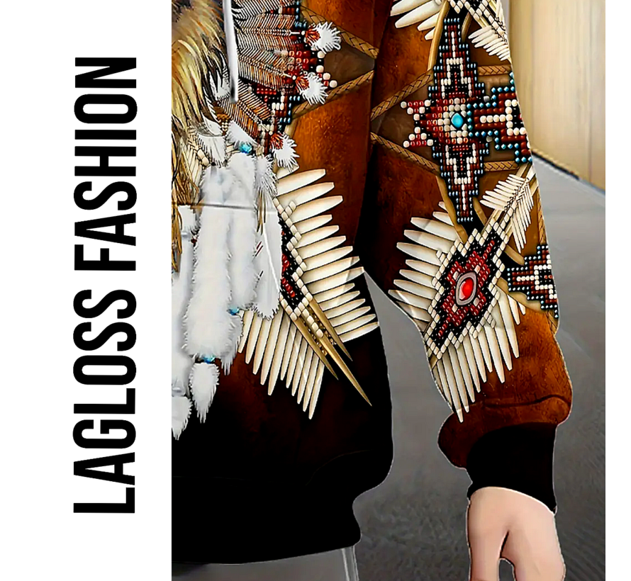 LaGloss® Heren Wolf Print Hoodie Vest– Fleece Gevoerd Zip-Up Jack met Capuchon, Tribale Wolfpatronen, Zakken & Trekkoord – Warme Wintervest voor Herfst/Winter – Maat M