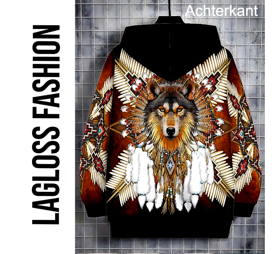 LaGloss® Heren Wolf Print Hoodie Vest– Fleece Gevoerd Zip-Up Jack met Capuchon, Tribale Wolfpatronen, Zakken & Trekkoord – Warme Wintervest voor Herfst/Winter – Maat L