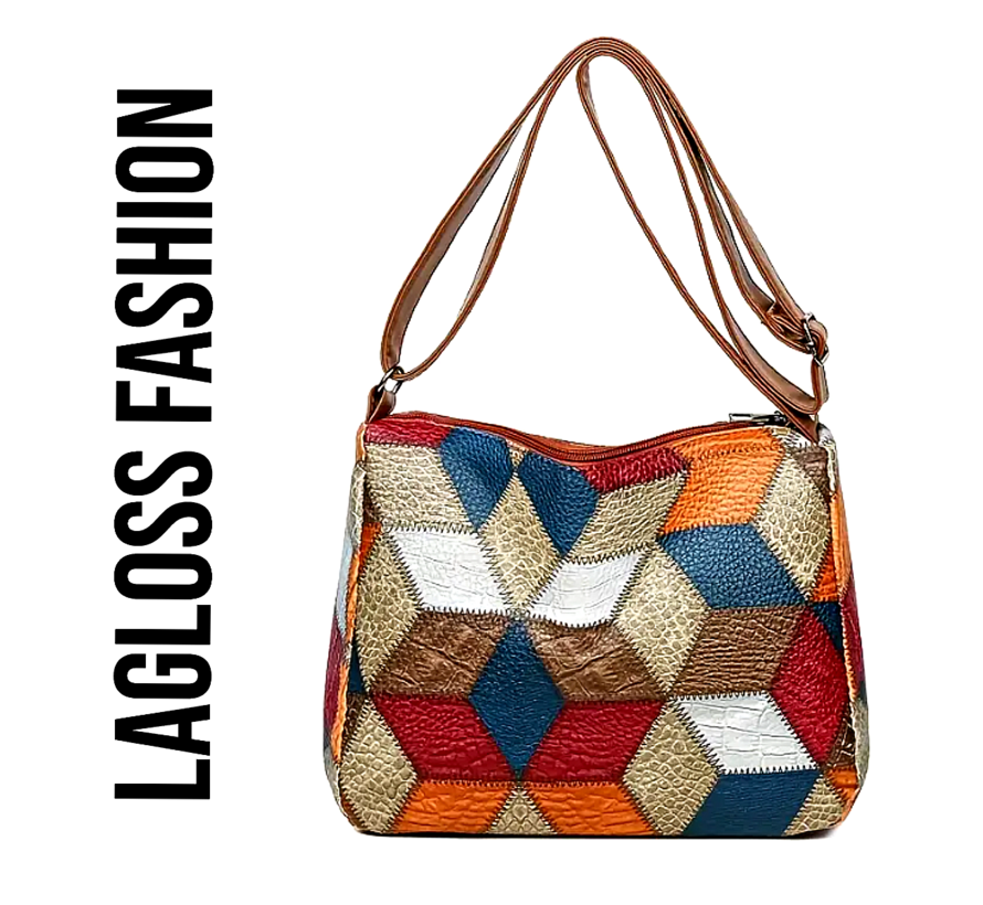 LaGloss® Geometrisch Patroon Schoudertas – Verstelbare Crossbody Tas met Veilige Ritssluiting – Lichtgewicht & Modieus in Blauw, Oranje, Beige en Bruin