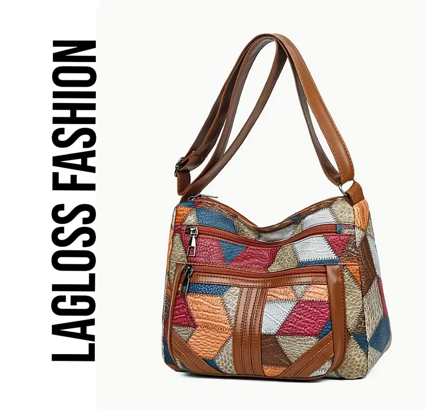 LaGloss® Geometrisch Patroon Schoudertas – Verstelbare Crossbody Tas met Veilige Ritssluiting – Lichtgewicht & Modieus in Blauw, Oranje, Beige en Bruin
