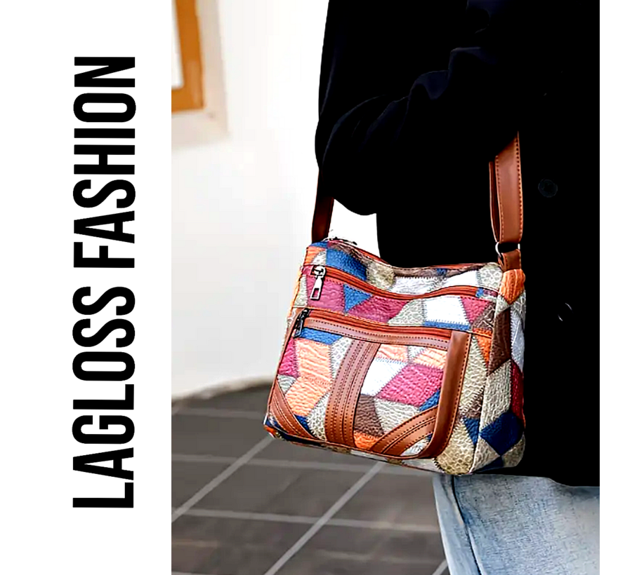 LaGloss® Geometrisch Patroon Schoudertas – Verstelbare Crossbody Tas met Veilige Ritssluiting – Lichtgewicht & Modieus in Blauw, Oranje, Beige en Bruin