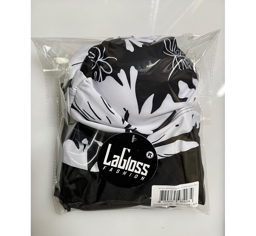 LaGloss® Sexy Dames Bikini Set met Hoge Taille – Bloemenprint, Buikcontrole & Trekkoord – 2-Delige Badkleding met Korte Pijpjes – Zwart Wit - Maat M