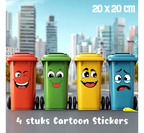 Allernieuwste.nl® 4x Vuilnis Container Cartoon Gezicht Stickers – PVC Zelfklevend Decoratie voor Prullenbak, Badkamer - 4 stuks - 20 x 20cm
