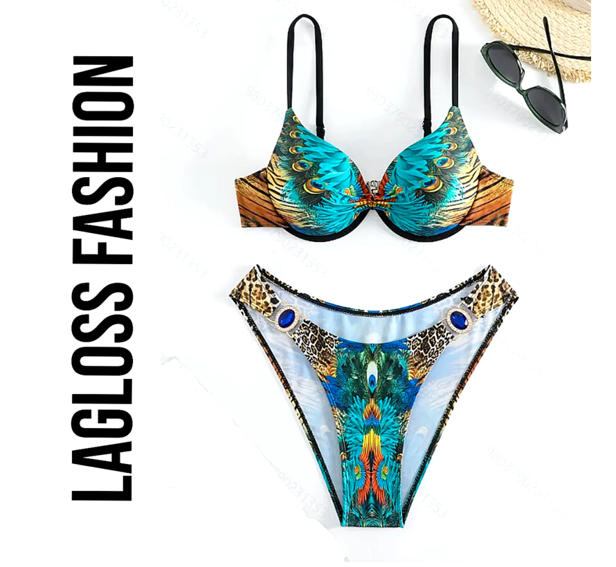 LaGloss® Bohemian Bikini Set – Tweedelig Badpak met Pauw, Tijger & Leeuw Design – Tropische Print, Levendige Kleuren & Stevige Cups – Zomer Strandmode – Maat M