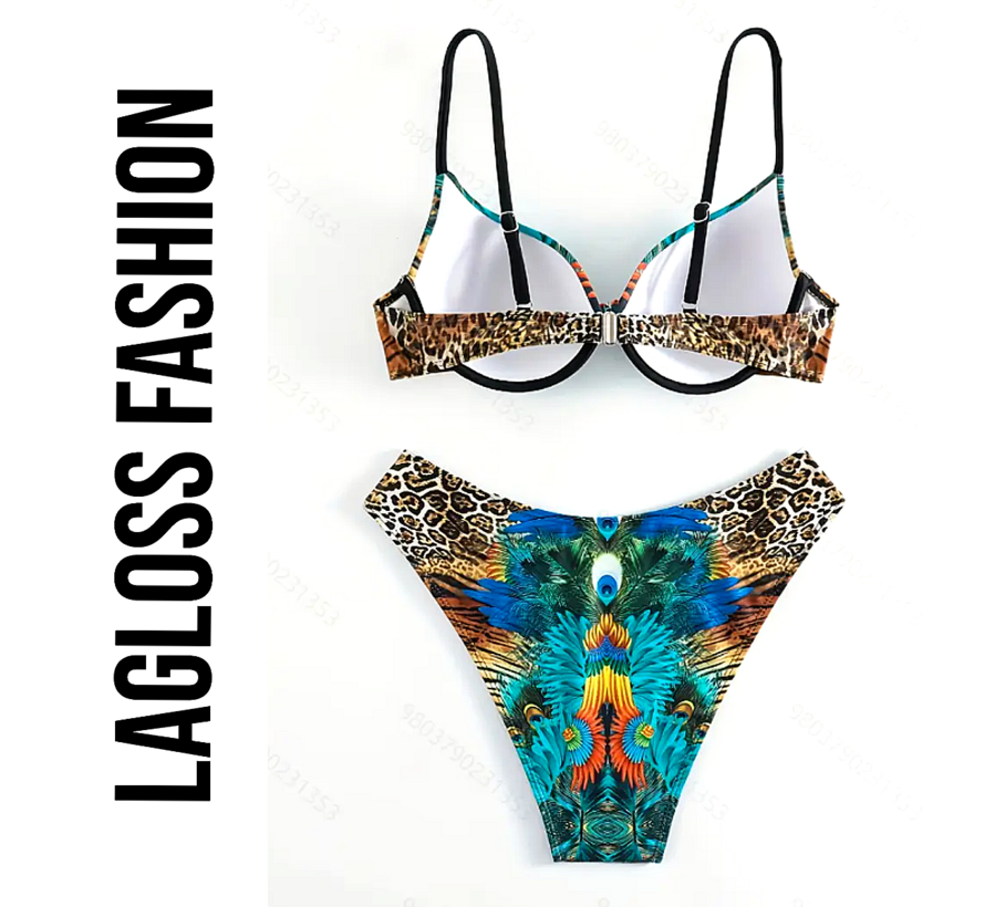 LaGloss® Bohemian Bikini Set – Tweedelig Badpak met Pauw, Tijger & Leeuw Design – Tropische Print, Levendige Kleuren & Stevige Cups – Zomer Strandmode – Maat M
