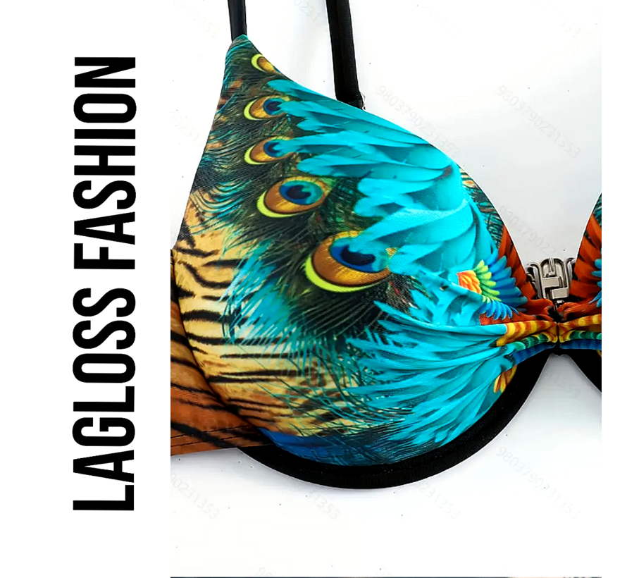 LaGloss® Bohemian Bikini Set – Tweedelig Badpak met Pauw, Tijger & Leeuw Design – Tropische Print, Levendige Kleuren & Stevige Cups – Zomer Strandmode – Maat L