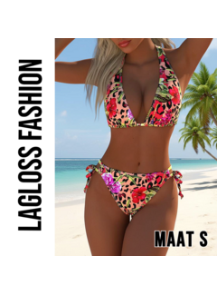 LaGloss Kleurige Tweedelige Bloemenprint Bikini Set met V-Hals – Maat S