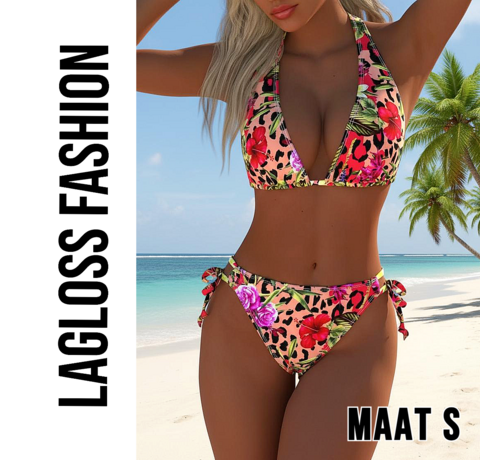LaGloss LaGloss® Kleurige Bloemenprint Bikini Set – Tweedelig Badpak met V-Hals, Halterband & Hoge Split – Hoogelastische Stof – Kleurrijke Zomerse Strandbikini – Maat S