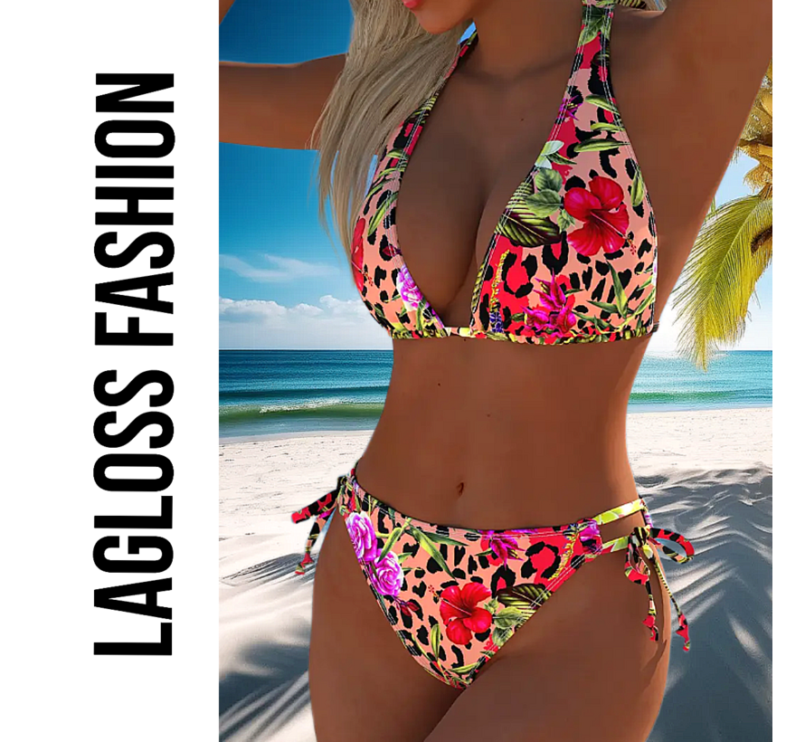 LaGloss® Kleurige Bloemenprint Bikini Set – Tweedelig Badpak met V-Hals, Halterband & Hoge Split – Hoogelastische Stof – Kleurrijke Zomerse Strandbikini – Maat S