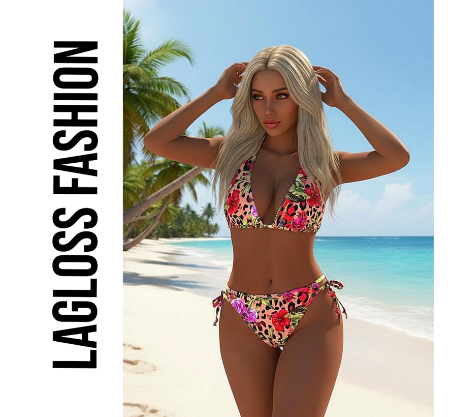 LaGloss® Kleurige Bloemenprint Bikini Set – Tweedelig Badpak met V-Hals, Halterband & Hoge Split – Hoogelastische Stof – Kleurrijke Zomerse Strandbikini – Maat M