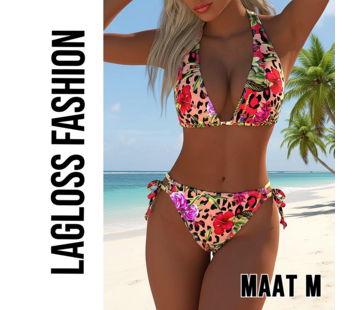 LaGloss Kleurige Tweedelige Bloemenprint Bikini Set met V-Hals – Maat M