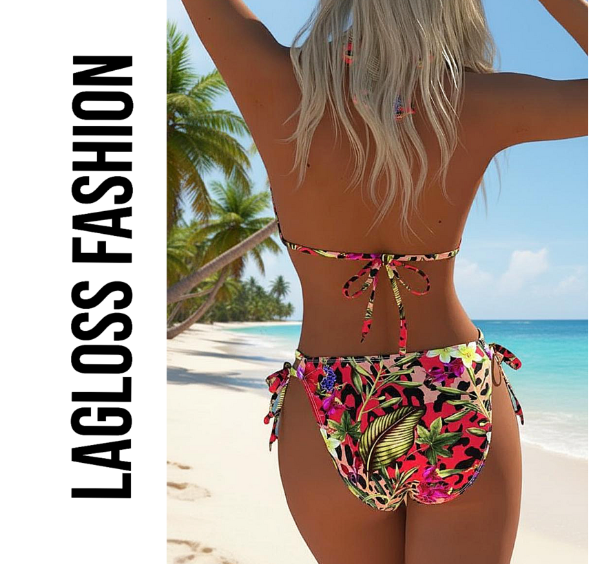 LaGloss® Kleurige Bloemenprint Bikini Set – Tweedelig Badpak met V-Hals, Halterband & Hoge Split – Hoogelastische Stof – Kleurrijke Zomerse Strandbikini – Maat L
