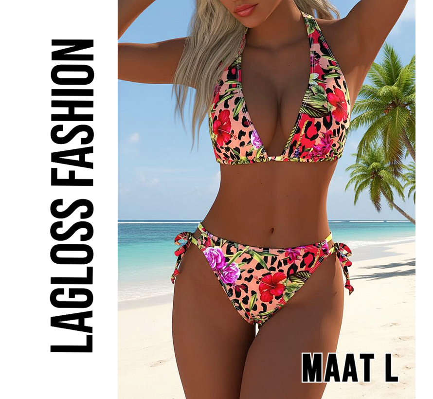 LaGloss® Kleurige Bloemenprint Bikini Set – Tweedelig Badpak met V-Hals, Halterband & Hoge Split – Hoogelastische Stof – Kleurrijke Zomerse Strandbikini – Maat L
