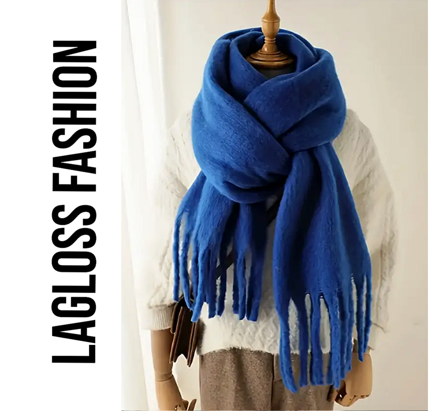 LaGloss® Elegante Dikke Winter Sjaal – Kobaltblauw – Ultra-Warme & Winddichte Dames Sjaal – Zachte Pluche Textuur met Franjes – Winter Omslagdoek 190x30 cm