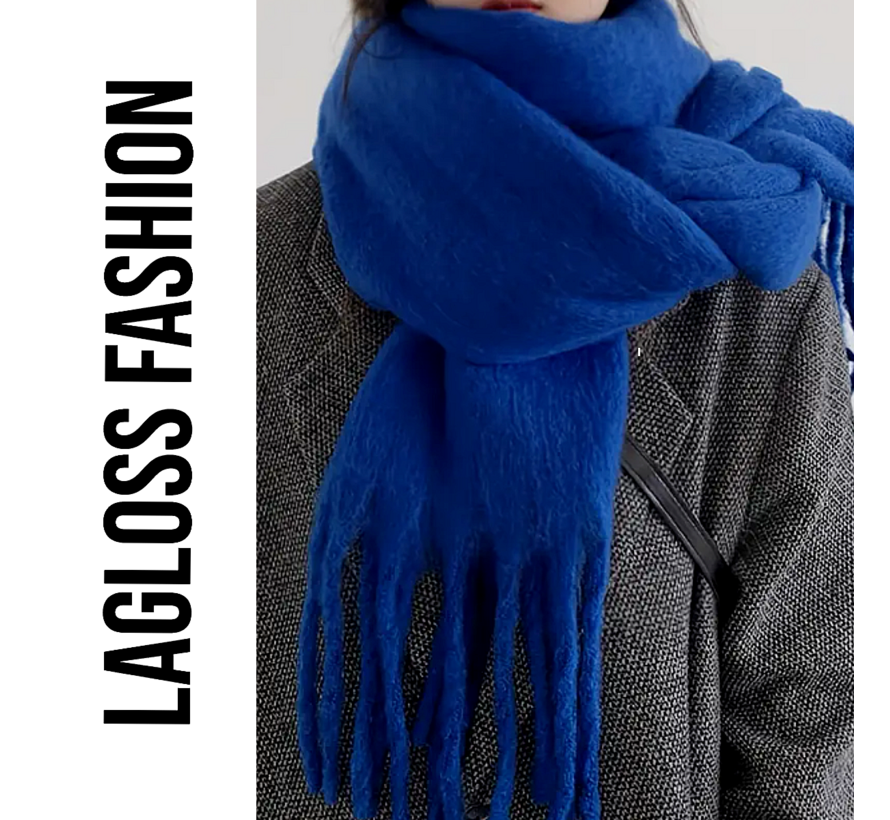 LaGloss® Elegante Dikke Winter Sjaal – Kobaltblauw – Ultra-Warme & Winddichte Dames Sjaal – Zachte Pluche Textuur met Franjes – Winter Omslagdoek 190x30 cm