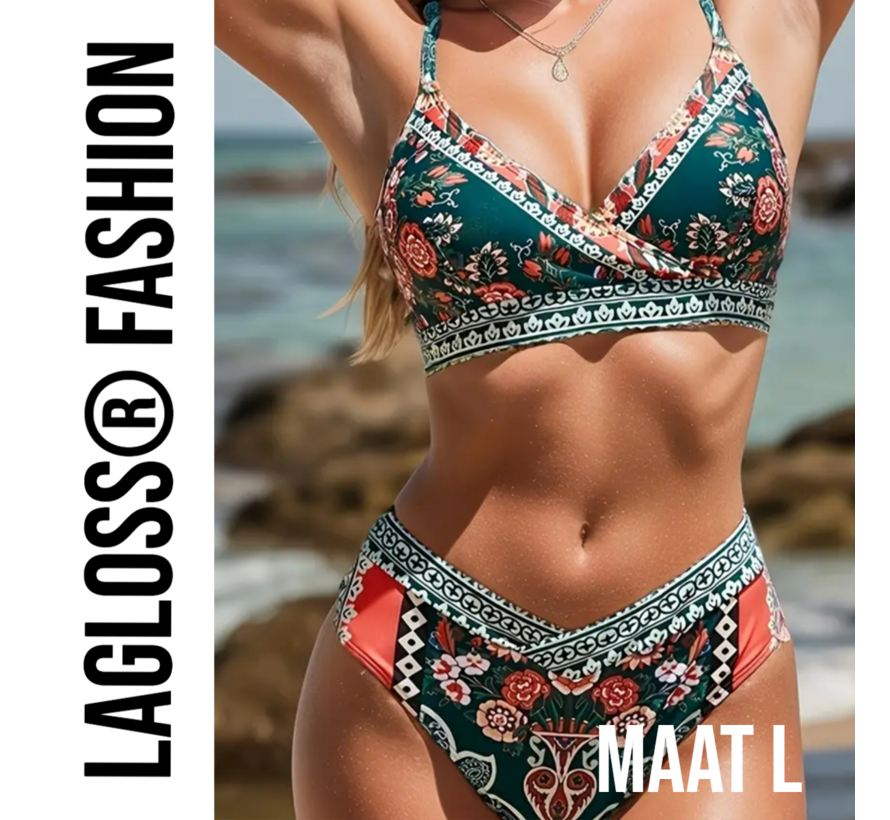LaGloss® Bohemian Floral Print Bikini – Groen – 2-delig Set met Kruisbandjes – Maat L