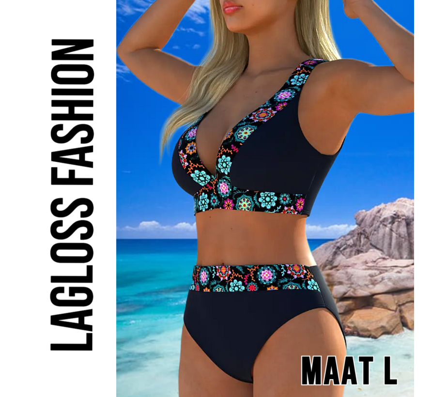 LaGloss® Dames Bikini Set – 2-delig Mandala Print – V-hals – Hoge Taille – Modieuze Zwemkleding Strandoutfit – Maat L
