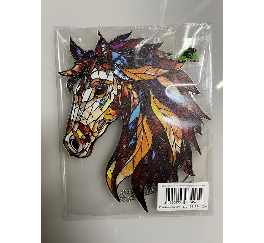 Allernieuwste.nl® Kleurrijke Paardenhoofd Raamhanger Glas-in-Lood Stijl Acryl Raamdecoratie – 20 x 17 cm – Paarden Wanddecoratie voor Raam, Veranda, Tuin & Kantoor