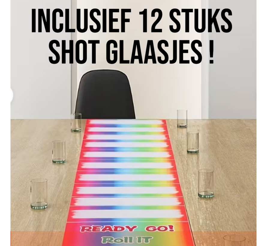 Rollende Fles Spel Roll-It – 150cm Vinyl Challengespel met 12 Shotglaasjes - Herbruikbaar Familie- & Feestspel - Voor Kinderen & Volwassenen - TikTok & Social Media Hit