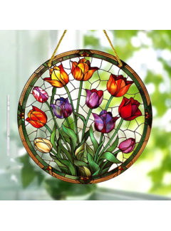 Allernieuwste.nl Tulpen Glas-in-Lood Stijl Raamhanger –  Rond 15 cm