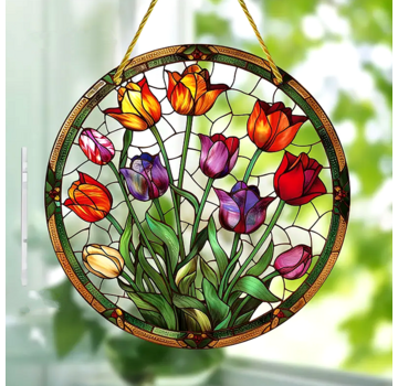 Allernieuwste.nl Tulpen Glas-in-Lood Stijl Raamhanger – Rond 15 cm