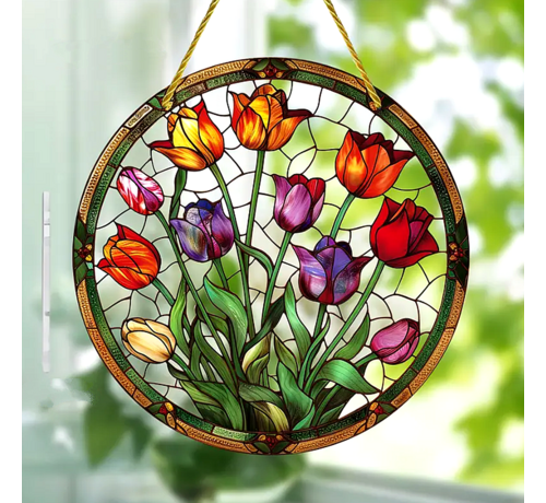 Allernieuwste.nl Tulpen Glas-in-Lood Stijl Raamhanger - Bloemen Raamdecoratie – Rond 15 cm – Acryl Zonvanger met Koord - 15 x 15 cm