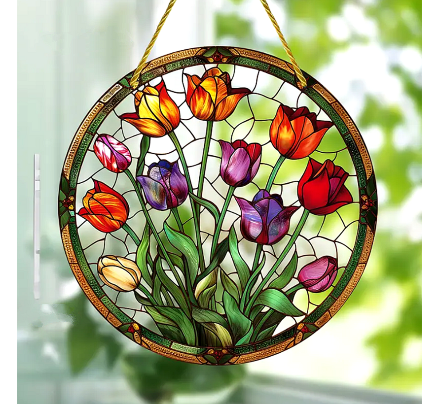 Tulpen Glas-in-Lood Stijl Raamhanger - Bloemen Raamdecoratie –  Rond 15 cm – Acryl Zonvanger met Koord - 15 x 15 cm