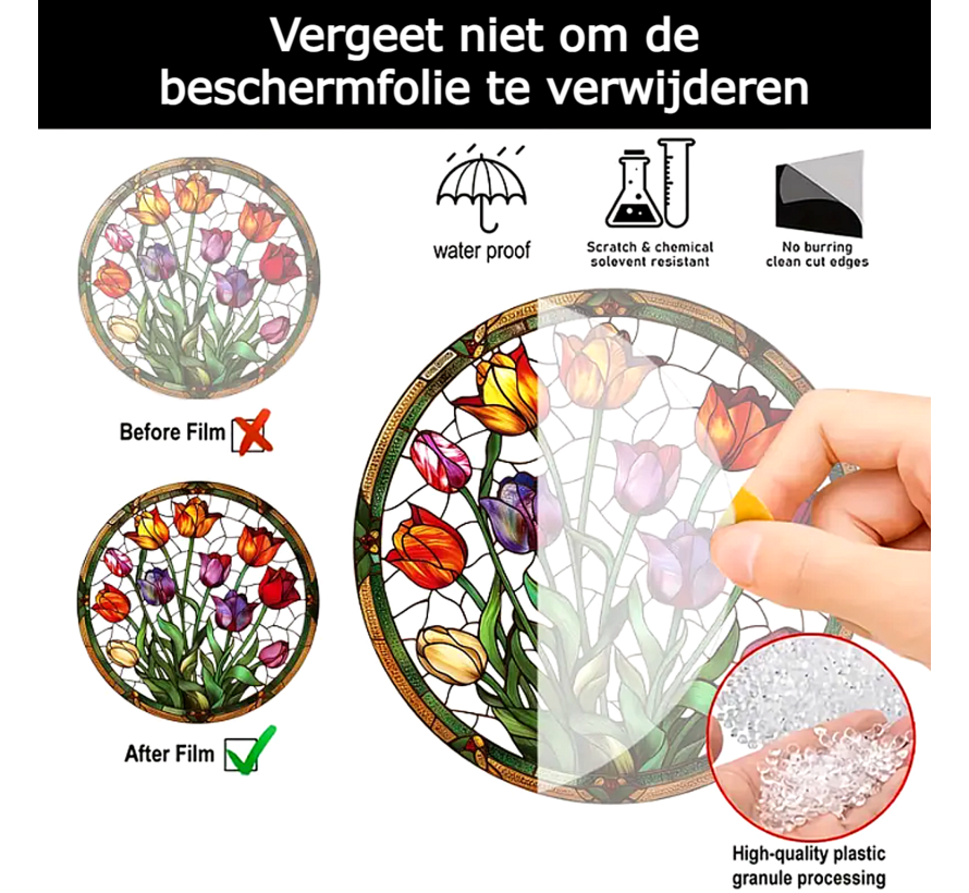 Tulpen Glas-in-Lood Stijl Raamhanger - Bloemen Raamdecoratie – Rond 15 cm – Acryl Zonvanger met Koord - 15 x 15 cm
