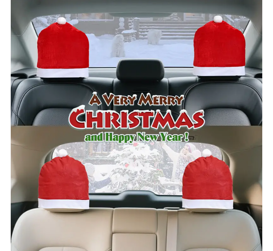 2 Stuks Kerstmuts Autostoelhoezen – Kerst Hoed Hoofdsteunhoezen - Auto Decoratie - Zachte Pluche Stof - Universele Pasvorm - Kerst Sfeer - 2 Stuks