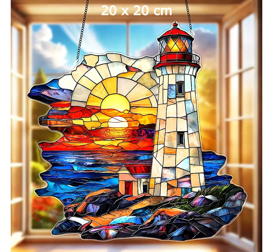 Allernieuwste.nl® Vuurtoren Zonsondergang Raamhanger – Glas-in-Lood Stijl Acryl Decoratie - Duurzame Nautische Raamdecoratie - 20 x 20 cm