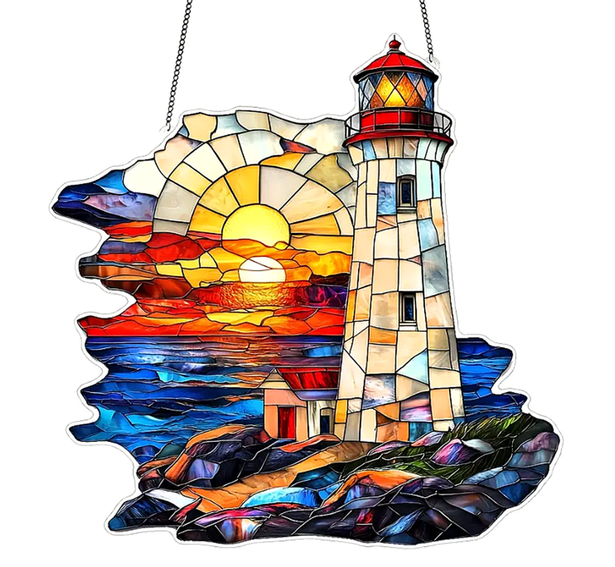 Allernieuwste.nl® Vuurtoren Zonsondergang Raamhanger – Glas-in-Lood Stijl Acryl Decoratie - Duurzame Nautische Raamdecoratie - 20 x 20 cm
