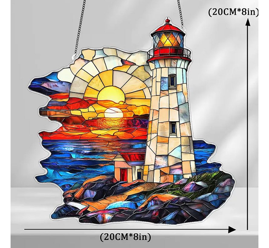 Allernieuwste.nl® Vuurtoren Zonsondergang Raamhanger – Glas-in-Lood Stijl Acryl Decoratie - Duurzame Nautische Raamdecoratie - 20 x 20 cm