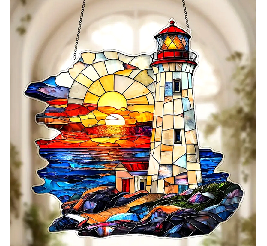 Allernieuwste.nl® Vuurtoren Zonsondergang Raamhanger – Glas-in-Lood Stijl Acryl Decoratie - Duurzame Nautische Raamdecoratie - 20 x 20 cm