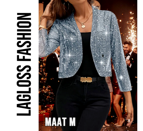 LaGloss LaGloss® Feestelijk Bolerojasje met Lange Mouwen – Open Voorkant, Licht Elastisch, Perfect voor Kerst, Oud & Nieuw en Avondkleding – Hemelsblauw/Grijs – Maat M