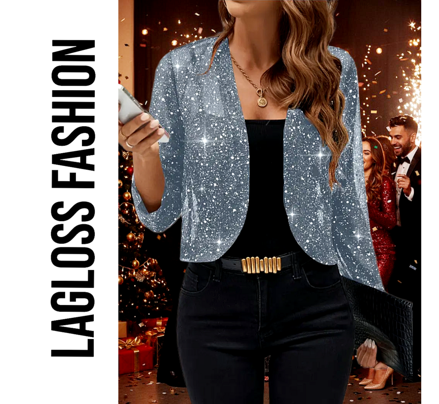 LaGloss® Feestelijk Bolerojasje met Lange Mouwen – Open Voorkant, Licht Elastisch, Perfect voor Kerst, Oud & Nieuw en Avondkleding – Hemelsblauw/Grijs – Maat L