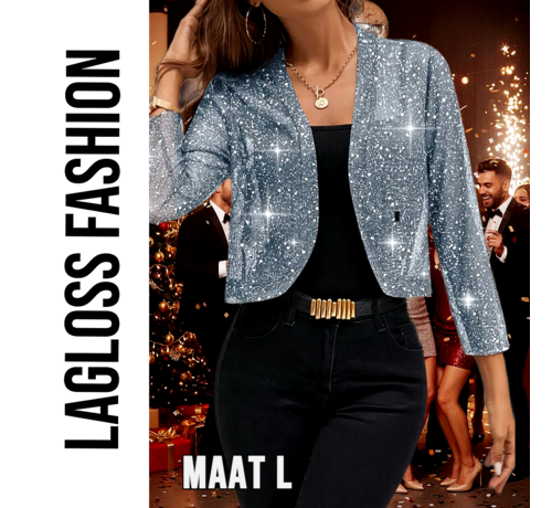 LaGloss LaGloss® Feestelijk Bolerojasje met Lange Mouwen – Open Voorkant, Licht Elastisch, Perfect voor Kerst, Oud & Nieuw en Avondkleding – Hemelsblauw/Grijs – Maat L