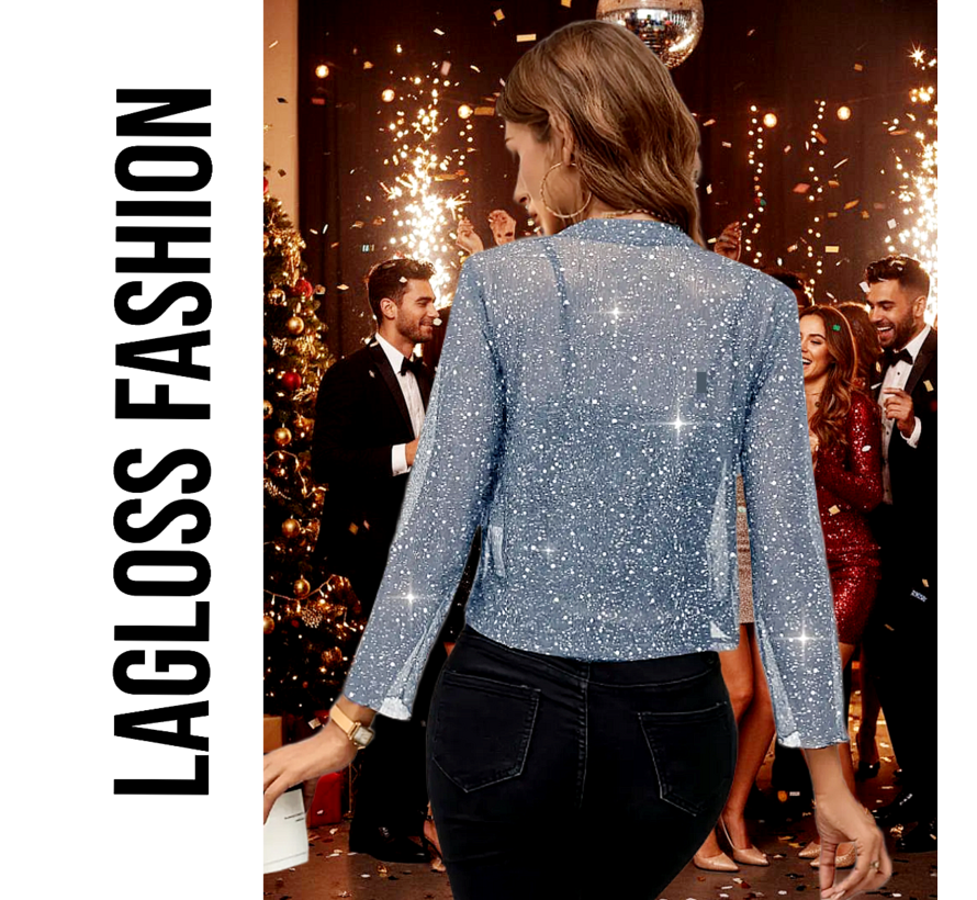 LaGloss® Feestelijk Bolerojasje met Lange Mouwen – Open Voorkant, Licht Elastisch, Perfect voor Kerst, Oud & Nieuw en Avondkleding – Hemelsblauw/Grijs – Maat XL