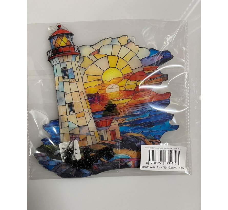 Allernieuwste.nl® Vuurtoren Zonsondergang Raamhanger – Glas-in-Lood Stijl Acryl Decoratie - Duurzame Nautische Raamdecoratie - 20 x 20 cm