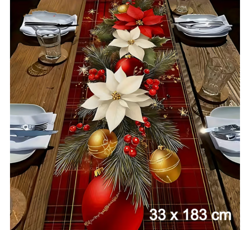 Allernieuwste.nl® Kerst Tafelloper – Rood Geruit & Polka Dot Ontwerp met Dennenbomen, Bessen & Ornamenten – 33x183 cm – Feestelijke Tafeldecoratie