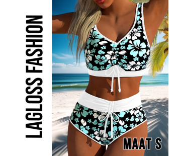 LaGloss Elegant Bloemenprint Bikini met Kruisriem & Veterdetails - Blauw/Zwart/Wit – Maat S
