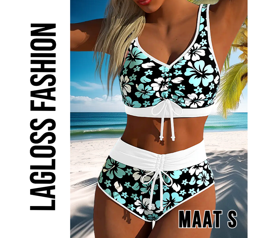 LaGloss® Mode Bikini Set – Elegant Bloemenprint Badpak met Kruisriem & Veterdetails - Blauw/Zwart/Wit - Hoog Elastisch & Comfortabele Pasvorm – Maat S