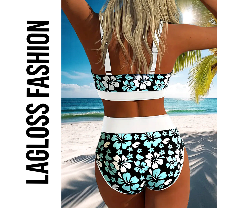 LaGloss® Mode Bikini Set – Elegant Bloemenprint Badpak met Kruisriem & Veterdetails - Blauw/Zwart/Wit - Hoog Elastisch & Comfortabele Pasvorm – Maat S