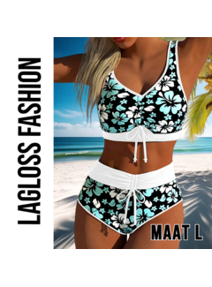 LaGloss Elegant Bloemenprint Bikini met Kruisriem & Veterdetails - Blauw/Zwart/Wit – Maat L