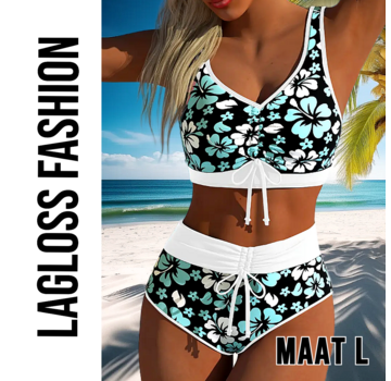 LaGloss Elegant Bloemenprint Bikini met Kruisriem & Veterdetails - Blauw/Zwart/Wit – Maat L